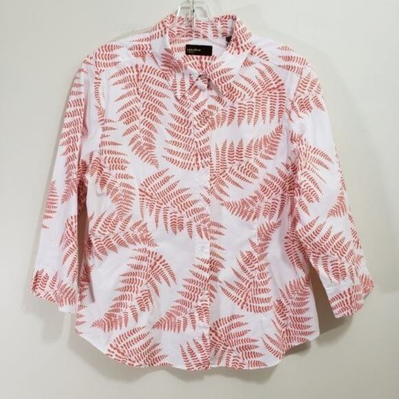 Havana Nines orange fern print 3/4" sleeve button up front blouse woman's size L - Picture 1 of 9